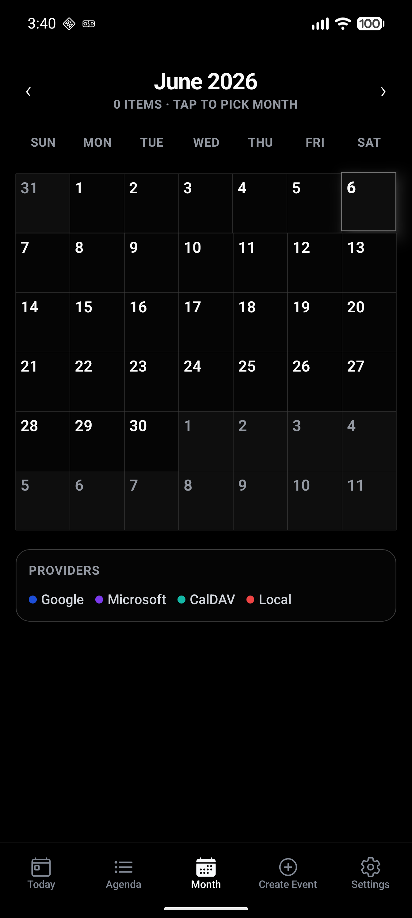 CalyFly calendar — True Black theme